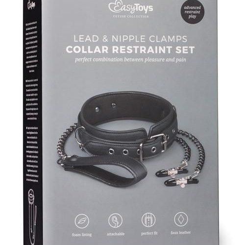 Easy Toys Faux Leather Collar W-nipple Chains - Black - Slightly Legal Toys - Easy Toys Faux Leather Collar W-nipple Chains - Black BK - Black, Nipple Clamps & Clit Clips Edc Internet Bv